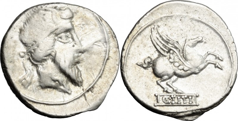 Q. Titius. AR Denarius, 90 BC. D/ Head right, wearing winged diadem, bearded. R/...