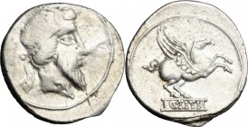 Q. Titius. AR Denarius, 90 BC. D/ Head right, wearing winged diadem, bearded. R/ Pegasus right; below, inscription. Cr. 341/1. AR. g. 3.96 mm. 20.00 V...