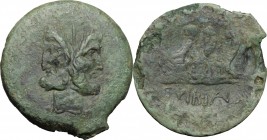C. Vibius C. f. Pansa. AE As, 90 BC. D/ Head of Janus, laureate. R/ Three prows right; to right, caps of the Dioscuri. Cr. 342/7. AE. g. 9.04 mm. 28.0...