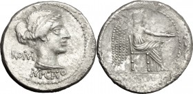 M. Porcius Cato. AR Denarius, 89 BC. D/ Female bust right, draped, hair tied with band. R/ Victory seated right, holding patera and palm-branch. Cr. 3...