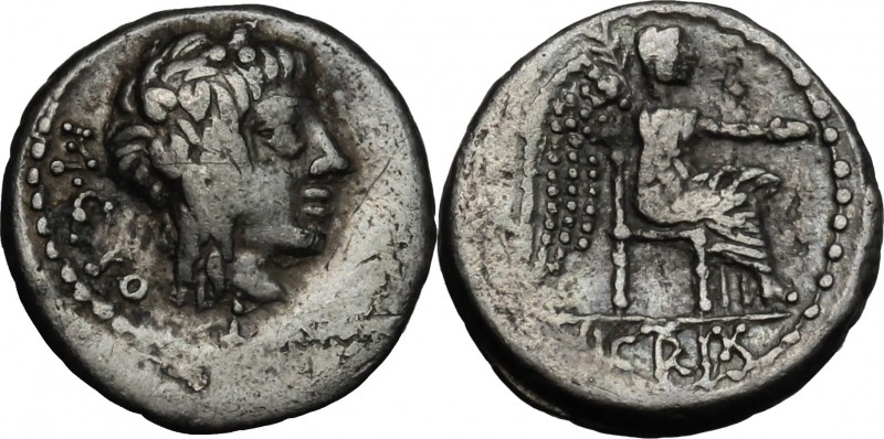 M. Cato. AR Quinarius, 89 BC. D/ Ivy-wreathed head of Liber right. R/ Victory se...