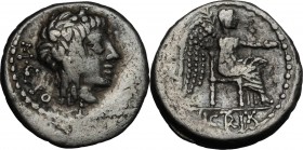 M. Cato. AR Quinarius, 89 BC. D/ Ivy-wreathed head of Liber right. R/ Victory seated right, holding patera and palm-branch; in exergue, VICTRIX. Cr. 3...