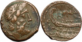 Anonymous. AE Semis, 86 BC. D/ Head of Saturn right, laureate. R/ Prow left. Cr. 350 B/1. AE. g. 6.23 mm. 20.00 Scarce. Lovely brown patina. VF.