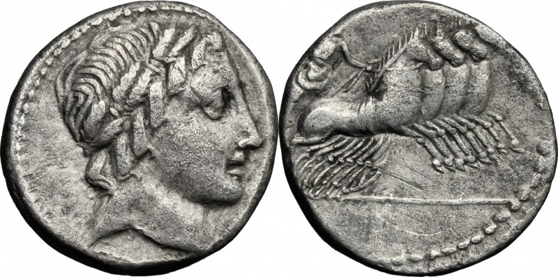 C. Gargonius, Ogulnius and M. Vergilius. AR Denarius, 86 BC. D/ Head of Apollo r...