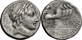 C. Gargonius, Ogulnius and M. Vergilius. AR Denarius, 86 BC. D/ Head of Apollo right, wearing oak-wreath. R/ Jupiter in quadriga right, holding reins ...