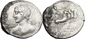 C. Licinius L. F. Macer. AR Denarius, 84 BC. D/ Bust of Apollo seen from behind, head turned left, holding thunderbolt. R/ Minerva in quadriga right, ...
