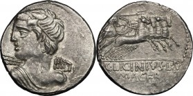 C. Licinius L.f. Macer. AR Denarius, 84 BC. D/ Bust of Apollo seen from behind, head turned left, holding thunderbolt. R/ Minerva in quadriga right, h...