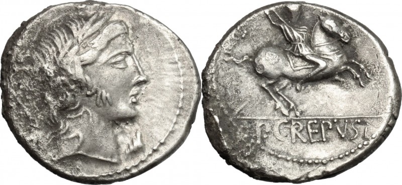 P. Crepusius. AR Denarius, 82 BC. D/ Head of lightly bearded youth right, laurea...