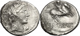 P. Crepusius. AR Denarius, 82 BC. D/ Head of lightly bearded youth right, laureate. R/ Horseman right, brandishing spear. Cr. 361/1. AR. g. 3.55 mm. 1...