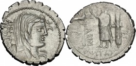 A. Postumius A.f. Sp. n. Albinus. AR Denarius serratus, 81 BC. D/ Head of Hispania right with dishevelled hair, veiled. R/ Togate figure standing left...