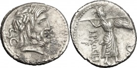 L. Procilius. AR Denarius, 80 BC. D/ Head of Jupiter right, laureate. R/ Juno Sospita standing right, holding shield and hurling spear; before, snake....