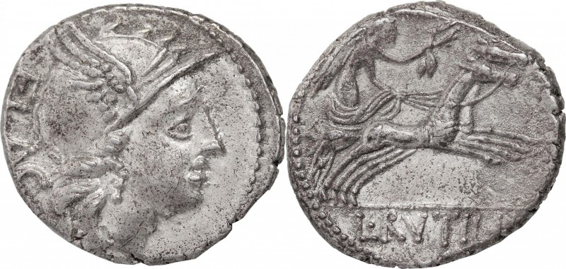 L. Rutilius Flaccus. AR Denarius, 77 BC. D/ Head of Roma right, helmeted. R/ Vic...