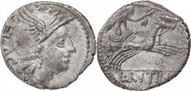 L. Rutilius Flaccus. AR Denarius, 77 BC. D/ Head of Roma right, helmeted. R/ Victory in biga right, holding reins and wreath. Cr. 387/1. AR. g. 3.69 m...
