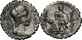 Mn. Aquillius Mn. f. Mn. n. AR Denarius serratus, 71 BC. D/ VIRTVS III. VIR. Helmeted bust of Virtus right. R/ MN. AQVIL. MN. F. MN. N. The consul Man...