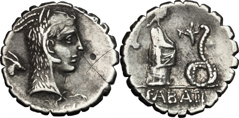 L. Roscius Fabatus. AR Denarius serratus, 64 BC. D/ Head of Juno Sospita right, ...