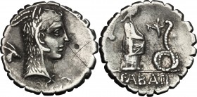 L. Roscius Fabatus. AR Denarius serratus, 64 BC. D/ Head of Juno Sospita right, wearing goat's skin; behind, head of ass. R/ Female standing right, fe...