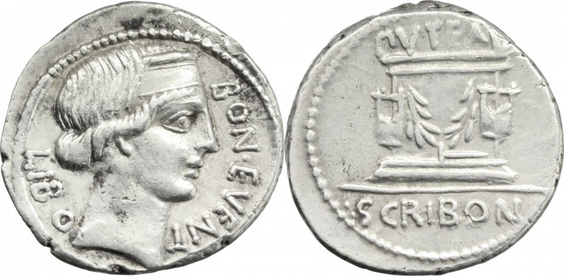 L. Scribonius Libo. AR Denarius, 62 BC. D/ Head of Bonus Eventus right, diademed...