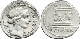 L. Scribonius Libo. AR Denarius, 62 BC. D/ Head of Bonus Eventus right, diademed. R/ Puteal Scribonianum, decorated with garland and two lyres; at bas...