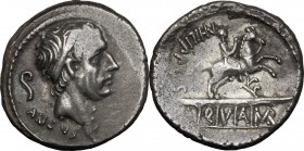 L. Marcius Philippus. AR Denarius, 56 BC. D/ Head of Ancus Marcius right, diademed; behind, lituus. R/ Equestrian statue right, on arcade of five arch...