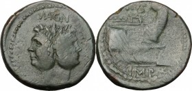 Sextus Pompeius Magnus Pius. AE As, Sicily mint, c. 42-38 BC. D/ Janiform head of Pompey the Great, laureate. R/ Prow right; below. Cr. 479/1. RPC 671...