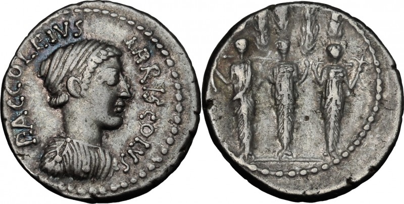 P. Accoleius Lariscolus. AR Denarius, 43 BC. D/ P. ACCOLEIVS LARISCOLVS. Draped ...