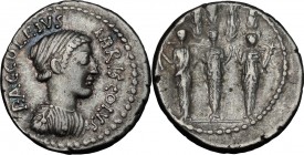 P. Accoleius Lariscolus. AR Denarius, 43 BC. D/ P. ACCOLEIVS LARISCOLVS. Draped bust of Diana Nemorensis right. R/ Triple cult statue of Diana Nemoren...