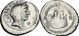 L. Mussidius Longus. AR Denarius, 42 B.C. D/ Bust of Concordia right, diademed, veiled. R/ Shrine of Venus Cloacina, surmounted by two statues. Cr. 49...