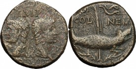 Augustus (27 BC - 14 AD) with Agrippa (died 12 BC). AE As, Nemausus mint, Gaul. D/ Bust of Agrippa, wearing combined rostral crown and laurel wreath, ...