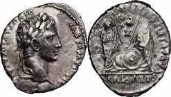 Augustus (27 BC - 14 AD). AR Denarius, Lugdunum mint, 2 BC-4 AD. D/ Head right, laureate. R/ Caius and Lucius Caesar standing facing, holding shields ...