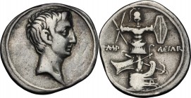 Augustus (27 BC - 14 A.D.). AR Denarius, Autumn 30-summer 29 BC. Italian (Rome?) mint. D/ Bare head right. R/ Naval and military trophy facing, compos...