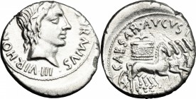 Augustus (27 B.C - 14 AD). AR Denarius, 19-4 BC. D/ Head of Honos right. R/ Quadriga right, car shaped like a round basket. RIC (2nd ed.) 313. AR. g. ...