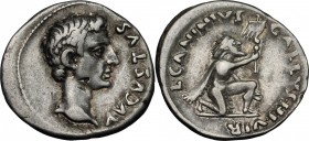 Augustus (27 BC - 14 AD). AR Denarius. Rome mint; L. Caninius Gallus, moneyer. Struck 12 BC. D/ Bare head right. R/ German kneeling right in attitude ...