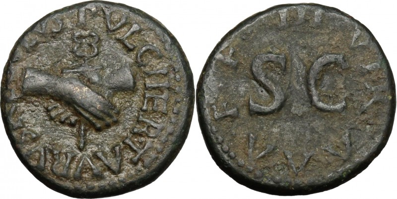 Augustus (27 BC - 14 AD). AE Quadrans, Pulcher, Taurus and Regulus as III Viri M...