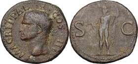 Agrippa (died in 12 BC). AE As, struck under Caligula (37-41). D/ Head of Agrippa left, wearing rostral crown. R/ Neptune standing left, cloaked, hold...