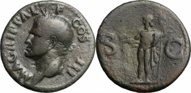 Agrippa (died 12 BC). AE As, struck under Caligula, 37-41. D/ Head left, wearing rostral crown. R/ Neptune standing left, wearing cloak over shoulder,...