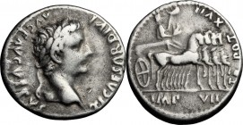 Tiberius (14-37). AR Denarius, Lugdunum mint, 15-16. D/ Head right, laureate,. R/ Emperor in quadriga right, holding laureal branch and eagle-tipped s...