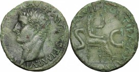 Tiberius (14-37). AE As, 15-16 AD. D/ Bare head left. R/ S-C to left and right of draped female figure seated right, feet on stool, holding patera and...