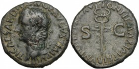 Tiberius (14-37). AE As, Rome mint, 34-35 AD. D/ Laureate head left. R/ Vertical winged caduceus. RIC 53. AE. g. 11.10 mm. 28.50 Deposits. VF.