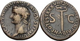 Tiberius (14-37). AE As, 35-36 AD. D/ Laureate head left. R/ S-C to left and right of vertical winged caduceus. RIC 59. AE. g. 10.82 mm. 27.30 VF.