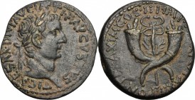 Tiberius (14-37). AE Dupondius, Commagene mint (?), 19-21 AD. D/ Laureate head right. R/ Upright caduceus between two crossed cornucopias framing two ...
