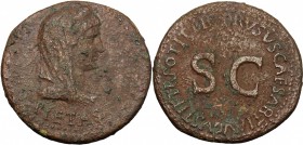 Drusus, son of Tiberius (died 23 AD). AE Dupondius, 15-16. D/ Bust of Livia as Pietas right, veiled and diademed. R/ Large SC surrounded by legend. RI...