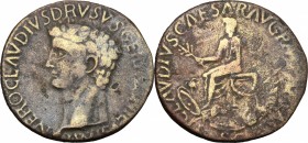 Nero Claudius Drusus, brother of Tiberius, father of Germanicus and Claudius (died 9 AD). AE Sestertius, struck under Claudius, 41-50. D/ Head left. R...