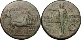 Germanicus (died 19 AD). AE Dupondius, Rome mint. D/ Germanicus, bare-headed and cloaked, standing in ornamented slow quadriga right, holding eagle-ti...