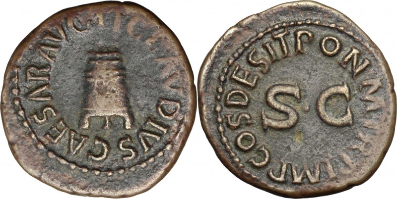 Claudius (41-54). AE Quadrans, 41 AD. D/ Modius. R/ Large SC surrounded by legen...