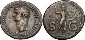 Claudius (41-54). AE As, Rome mint, 37-38 AD. D/ Bare head left. R/ SC to left and right of Minerva right, helmeted and draped, holding javelin and ro...