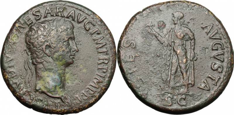 Claudius (41-54). AE Sestertius, Rome mint, 50-54 AD. D/ Laureate head right. R/...