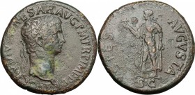 Claudius (41-54). AE Sestertius, Rome mint, 50-54 AD. D/ Laureate head right. R/ Spes advancing left, holding flower and raising skirt. RIC 115. AE. g...