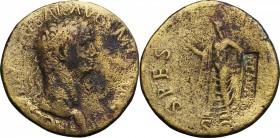 Claudius (41-54). AE Sestertius, 50-54. D/ Head right, laureate. R/ Spes standing left, holding flower and raising skirt; to right, rectangular counte...