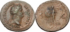 Nero (54-68). AE As, 62-68. D/ Head right, laureate. R/ Victory advancing left, holding shield. RIC (2nd ed.) 312. AE. g. 10.50 mm. 28.00 Brown patina...