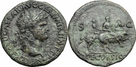 Nero (54-68). AE Sestertius, Lugdunum mint, 62-68. D/ Head right, laureate. R/ Emperor prancing right on horseback, holding spear; behind, soldier on ...